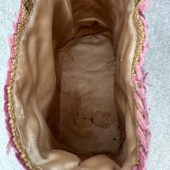 VTG Handmade Burlap Yarn Embroidered Tote Bag Geometric Stitched Pink Brown Boho - Picture 14 of 16